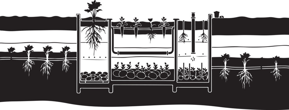 Detailed illustration of a hydroponic system in action underground