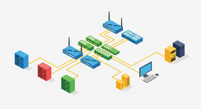 Isometric Network Topology Illustration with Routers, Servers, and Computers.