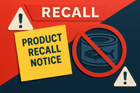 Product recall notice with warning alert for canned tuna. An urgent danger announcement shows safety banner with crossed out icon, conveying serious consumer protection message