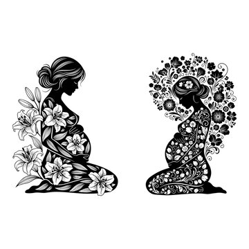 Contrast of nature and nurture in intricate silhouette art of pregnant figures Vector, illustration
