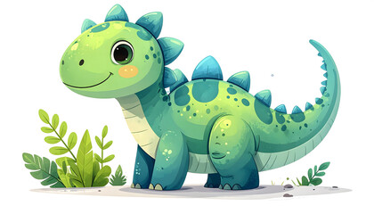 Obraz premium A cute green baby dinosaur character vector illustration featuring a happy cartoon dragon with a funny smile and wild nature reptile features in a fun comic drawing style
