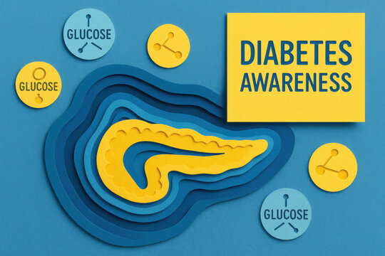 Supportive diabetes awareness medical illustration with layered pancreas icon and glucose symbols. health education layout for campaign providing important information