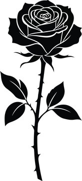 A black silhouette illustration of a single rose with thorns and leaves on a white background.