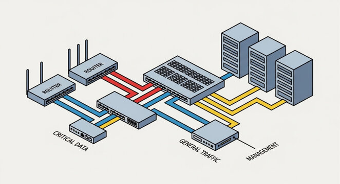 Network Infrastructure Diagram Showing Routers, Servers, and Connections.