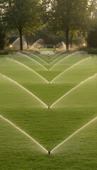 Obraz premium Lawn sprinkler system watering green grass in park. Automatic irrigation equipment spraying water in garden. Essential maintenance technology for landscaping and residential turf care.