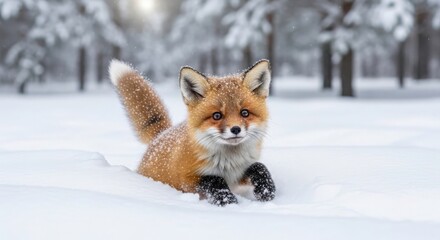 Fototapeta premium Adorable young fox peeking out of fresh snow in a winter forest