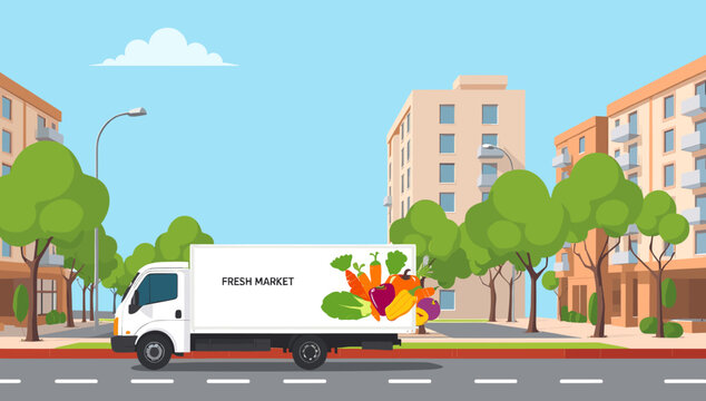 A bright and cheerful illustration depicting a delivery van parked along a tree-lined street, ideal for logistics, transportation, or small business m