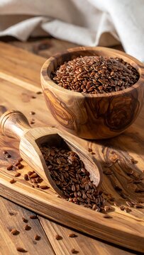 Close-up of flaxseed in a wooden bowl and scoop on a wooden cutting board