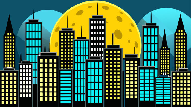 A city skyline at night with a large moon