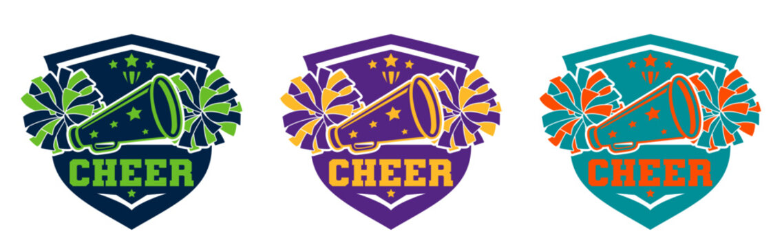 Cheerleading Logo Vector Set - Megaphone and Pom Poms Sports Emblems in Multiple Colors for Squads and Teams