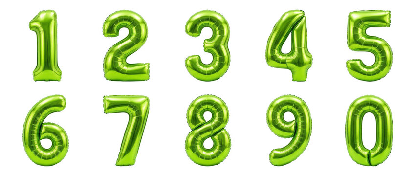 Metallic lime green balloon numbers set, shiny foil balloon digits from zero to nine, decorative inflatable numeric collection for birthday party isolated PNG with Transparent Background