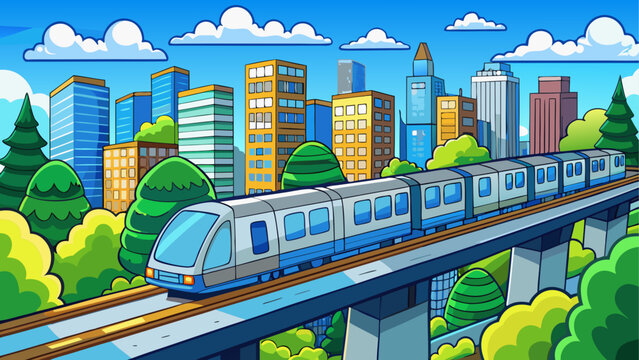 A silver train traveling on a bridge over a city