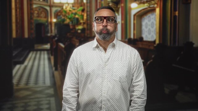 Man puffs cheeks and smiles with beard and glasses, wearing white patterned shirt, standing inside ornate church building; playful reflection.