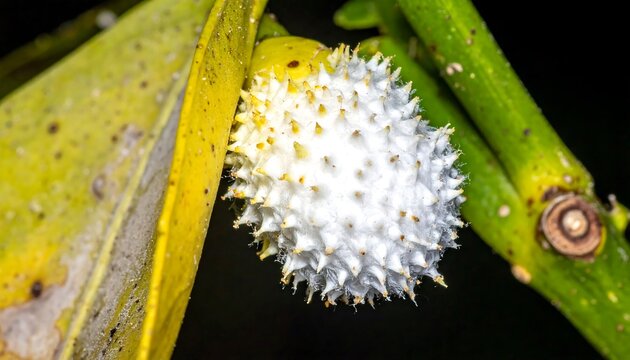 Close-up of a spiky, white insect egg sac attached to a plant, with leaves and stem