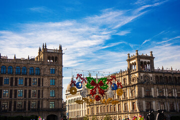 Fototapeta premium Christmas decorations in historic street of Mexico City with colonial architecture 