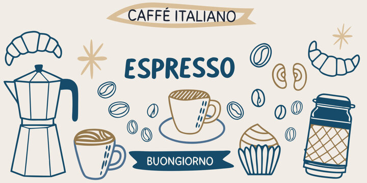Italian coffee illustration with croissants espresso and brewing equipment