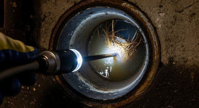 Professional endoscopic inspection camera inserted into a plastic residential drain pipe opening for underground sewer line diagnosis, plumbing maintenance, and obstruction blockage detection.