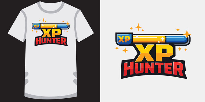 Creative gaming logo design featuring a vibrant xp hunter emblem with colorful typography and dynamic elements perfect for t shirts and apparel