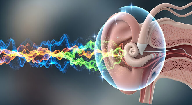Detailed anatomical human ear receiving glowing digital particle stream signifying sonic energy frequency, audio protection technology, and auditory wellness in medical audiology.