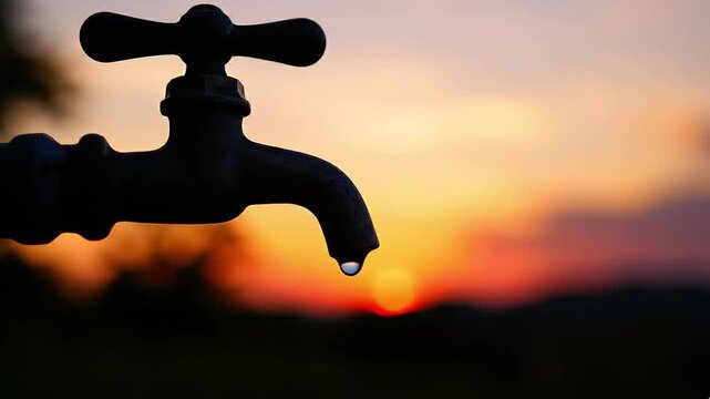 A solitary water droplet falls from a silhouetted tap against a vibrant sunset sky, symbolizing scarcity and conservation