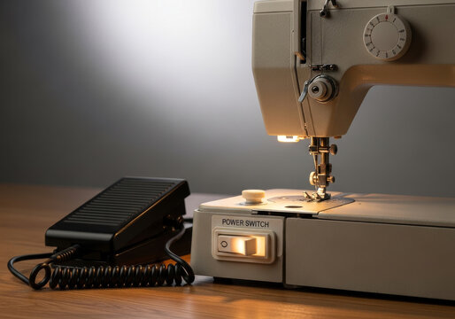 Close-up of a modern sewing machine with its power switch illuminated and foot pedal ready, highlighting the illuminated needle area on a warm wooden table, evoking creativity.