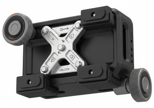 A black and silver camera slider with wheels