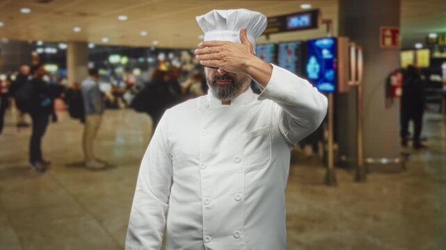 Man chef in white uniform and hat with raised palm stopping gesture at busy airport terminal, facing camera; frustration travel delay.