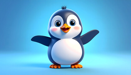 Fototapeta premium A cute 3d cartoon penguin character wearing a baseball cap and blue glasses stands as a funny winter wildlife illustration in the cold snow of Antarctica