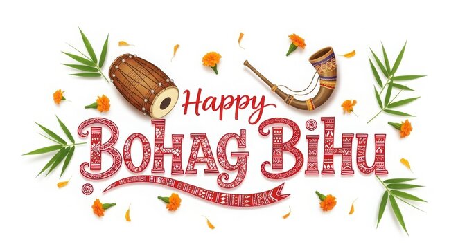 A vibrant illustration celebrating the assamese festival bohagi bihu with musical instruments