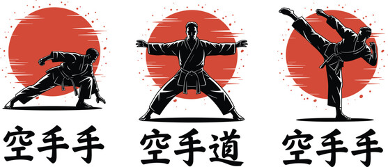 Martial arts karate fighter silhouettes in various action poses with rising sun background and japanese kanji calligraphy for sports club branding and t-shirt design. © MdLabib