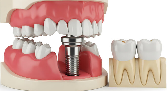 Anatomical Dental Model Illustrating Titanium Screw Implant Placement within Human Jaw Bone and Gingiva Next to Healthy Natural Teeth for Stomatology Education and Prosthodontics Restoration