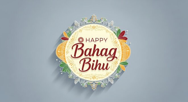 A festive graphic announces Happy Bahag Bihu with ornamental fruits and floral designs