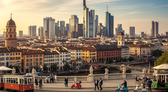Frankfurt Skyline at Sunset - A Blend of Modern and Historic Architecture.