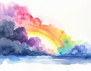 Fototapeta premium Vibrant watercolor rainbow painting over a serene body of water with dramatic stormy clouds