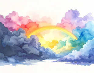 Fototapeta premium Watercolor art illustrating a magnificent rainbow piercing through contrasting vibrant and stormy clouds, evoking hope, renewal, and natural beauty