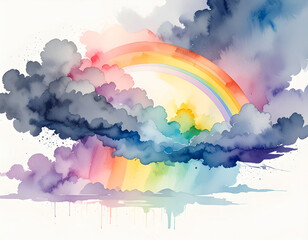 Fototapeta premium A breathtaking watercolor illustration capturing a vibrant rainbow gracefully arching through dramatic stormy clouds, symbolizing hope and beauty amidst the elements with artistic flair