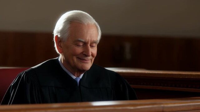 Elderly Judge Ponders Softly With Gentle Smile. Mature Justice Reviews Documents With Peaceful Expression