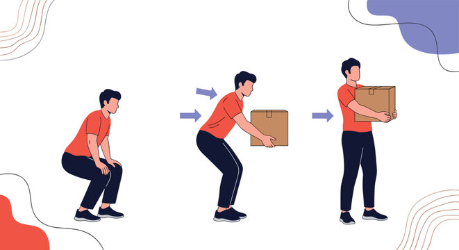 Helpful diagram illustrates the correct ergonomic postures for safely lifting heavy boxes to prevent back injuries.