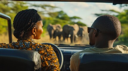 Couple on Safari Observing Elephants in Africa.