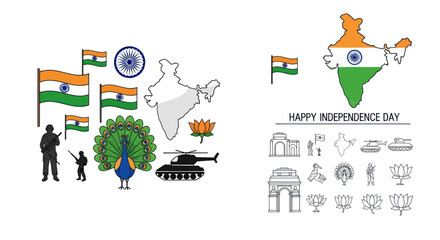 Fototapeta premium Indian Independence Day Icons: Flag, Map, Peacock, Soldier, Military, Lotus, Ashoka Chakra