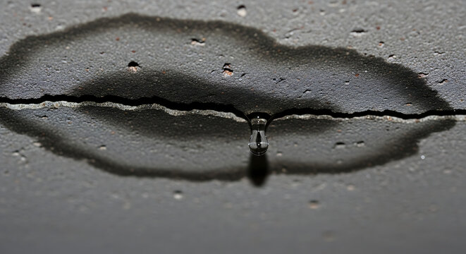 Damaged grey concrete ceiling featuring a significant water stain and deep crack caused by a persistent roof leak leading to potential structural failure and moisture infiltration in the building.