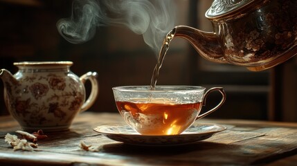 Hot Tea Being Poured into a Cup from a Teapot.