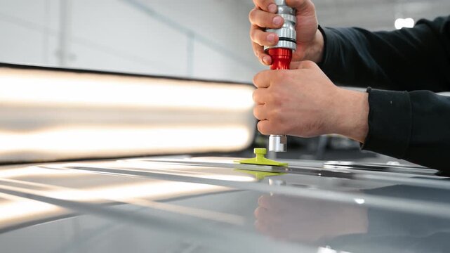Process of PDR pointless dent repair on car body, mechanic at the auto shop with tools to repair dents in damaged car after hail