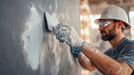 Construction worker applying plaster to a wall.