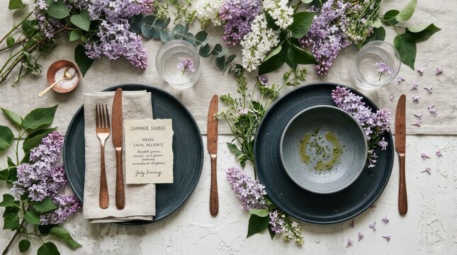 Romantic floral table setting with lilacs and greenery surrounding paired plates, menu cards and rose-gold cutlery arranged for an elegant spring dinner

