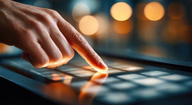 Hand finger touching touchscreen keypad keyboard, warm glowing light, digital input interface for modern technology and night time use.
