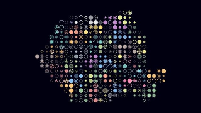 Romania animated country shape. Pulsating colored dots on the map of the country. Large size circle blocks. Digital style Romania map on dark background. Artistic animation video.