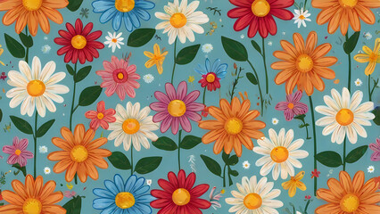 Obraz premium Cute cartoon flower pattern with colorful daisies and playful design for kids background