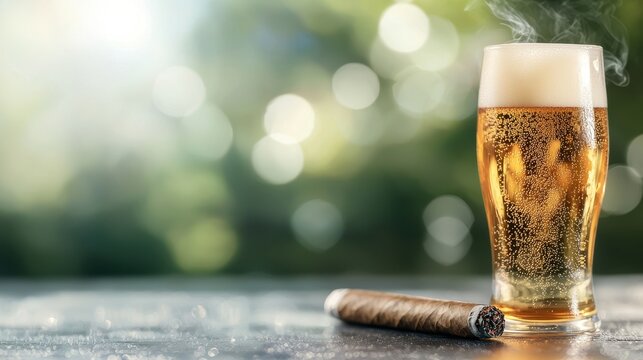 A cold, frothy glass of beer beside a lit cigar on a wooden surface with a blurred, sunlit background.