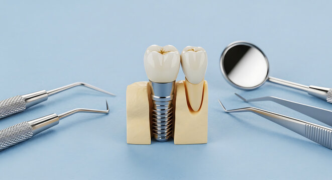 Macro view of a single titanium dental implant screw featuring a porcelain prosthetic crown and specialized metallic surgery tools representing modern clinical dentistry tooth restoration procedure.